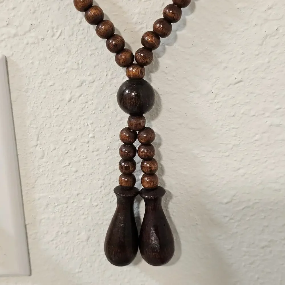 Boho Wooden Beaded Oval Hanging Mirror Tassel Retro 1970s Wall Decor